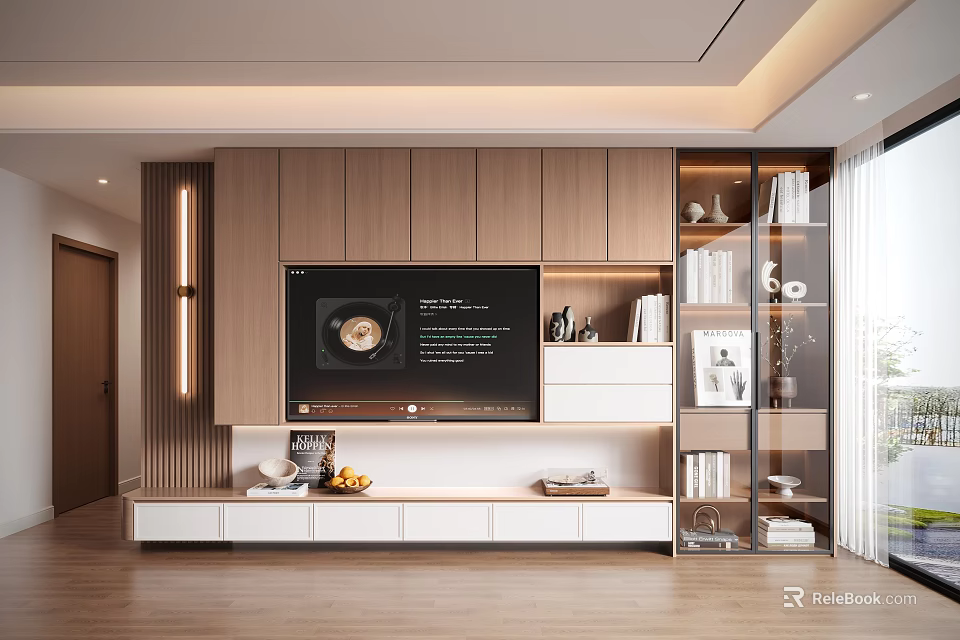 Modern TV Stand Design With Wooden Panels Open Shelves LED Lighting And Decorative Items 3d model 