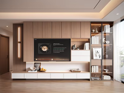 Modern TV Stand Design With Wooden Panels Open Shelves LED Lighting And Decorative Items 3d model