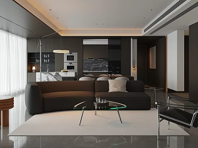 Modern Living And Dining Room Interior With Dark Sofa Glass Coffee Table And Dining Chairs 3d model