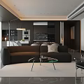 Modern Living And Dining Room Interior With Dark Sofa Glass Coffee Table And Dining Chairs