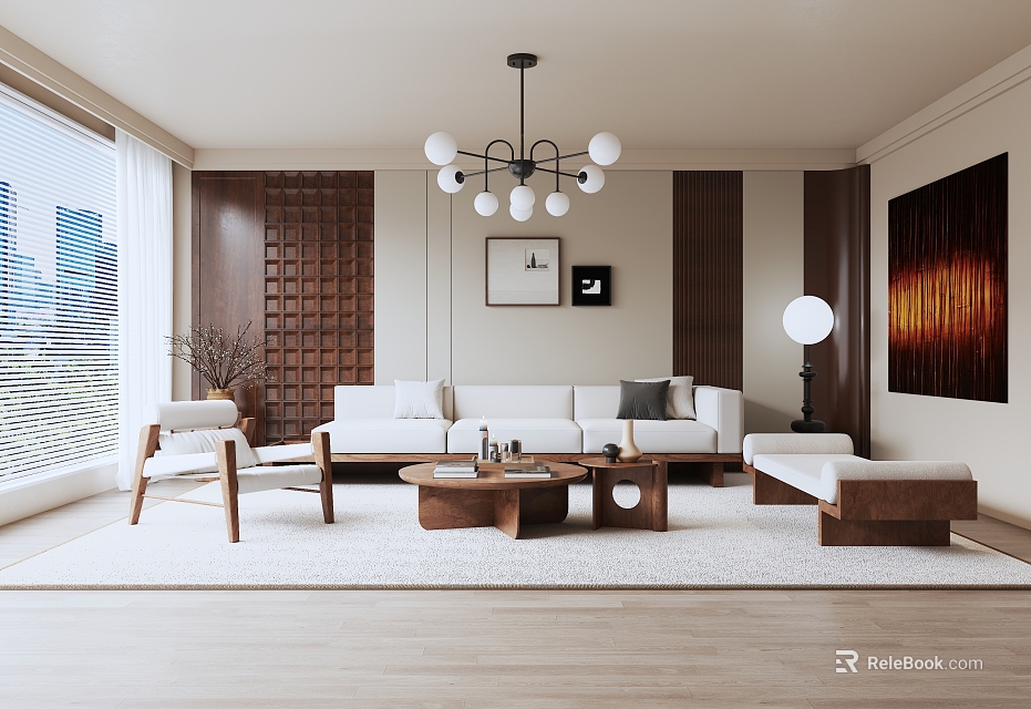 Modern Living Room Interior With White Sofa Coffee Table Chandelier And Wall Art 3d model 