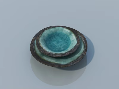 Stacked Ceramic Garden Decor Bowls With Teal Color And Dark Rim Design 3d model