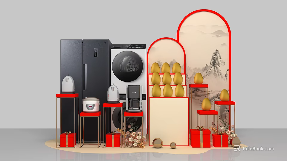 Interactive Area Featuring Modern Appliances Red Shelves Yellow Decorative Items Gift Boxes And Landscape Screen 3d model