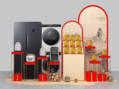 Interactive Area Featuring Modern Appliances Red Shelves Yellow Decorative Items Gift Boxes And Landscape Screen 3d model