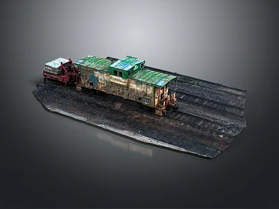 Old Rusty Train With Green Roof On Dark Railway Tracks 3d model