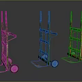 Three Vintage Hand Trucks Gray Green Orange Metal Frames Wheels And Platform Bases