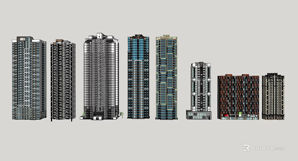 Modern High Rise Buildings With Various Architectural Facade Designs And Urban Styles 3d model 