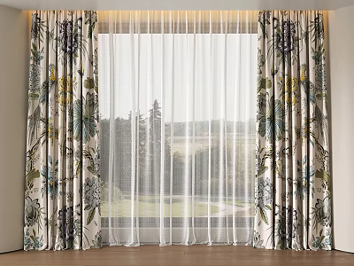 Floral Curtains With Tropical Plant Pattern And Sheer Voile Layer In Home Interior 3d model