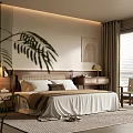 Modern Bedroom Interior With Wooden Headboard Bedside Lamp Palm Plant Area Rug And Window Blinds