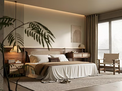 Modern Bedroom Interior With Wooden Headboard Bedside Lamp Palm Plant Area Rug And Window Blinds 3d model