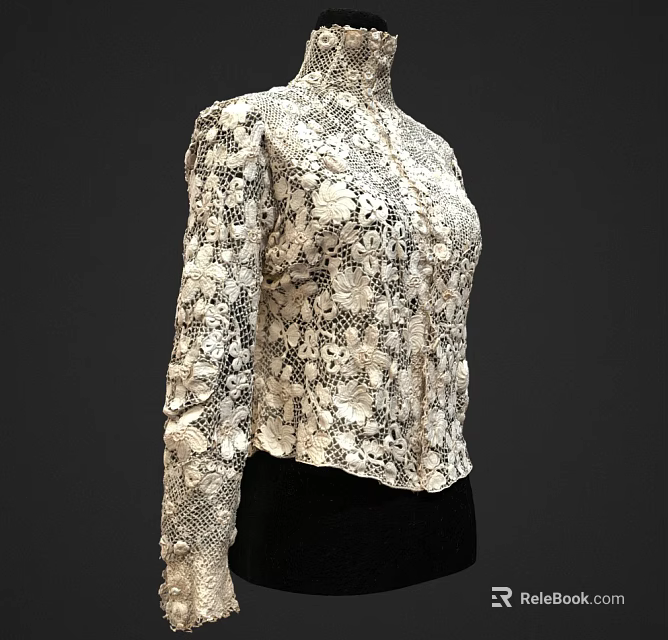 White High Neck Long Sleeve Lace Blouse With Floral Pattern And Elegant Design 3d model 