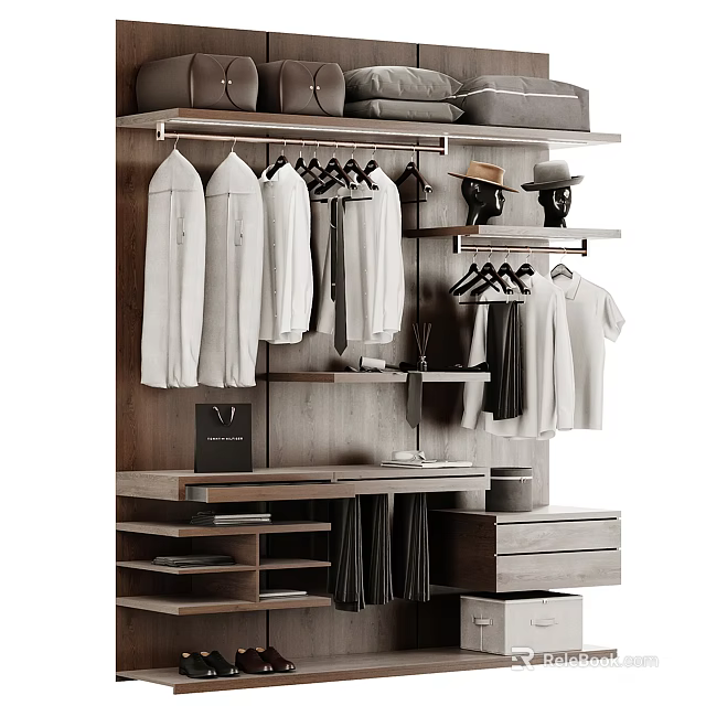 Organized Modern Wardrobe Interior With Hanging Shirts Pants Hats Wooden Shelves And Drawers 3d model 