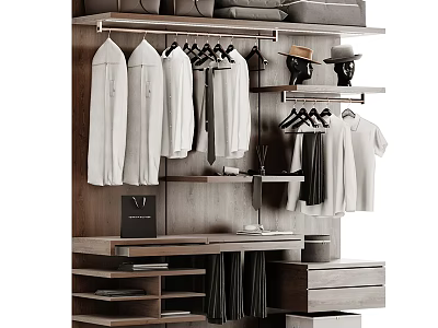 Organized Modern Wardrobe Interior With Hanging Shirts Pants Hats Wooden Shelves And Drawers 3d model