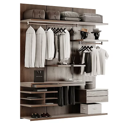 Organized Modern Wardrobe Interior With Hanging Shirts Pants Hats Wooden Shelves And Drawers 3d model