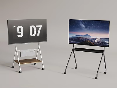 Two Modern Televisions Showing Digital Clock and Starry Sky on Rolling Stands 3d model