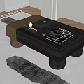 Dark Wooden Coffee Table with Magazines and Decorative Tray on Textured Carpet