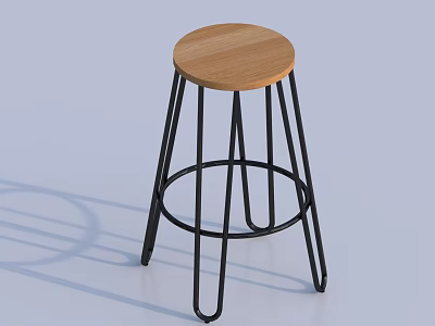 Modern Bar Stool With Round Wooden Seat And Black Metal Legs 3d model
