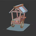Wooden Street Vendor Cart With Blue White Striped Canopy Wheels And Bottles