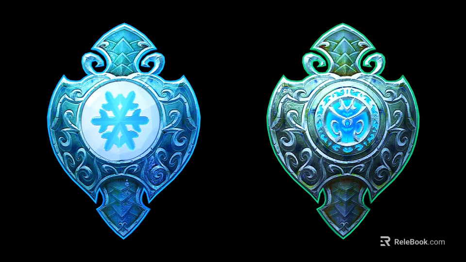 Elegant Blue and Green Shield Design With Snowflake and Emblem Decorative Patterns 3d model 