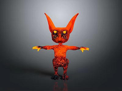 Red Horned Fantasy Creature Character With Large Eyes Flame Patterns And Yellow Claws 3d model