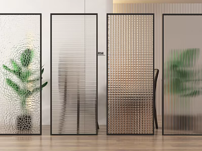 Modern Glass Room Dividers With Transparent Striped Grid Patterns And Indoor Plants 3d model