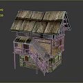 Traditional Two Story Cottage With Thatched Roof Wooden Balcony And Staircase
