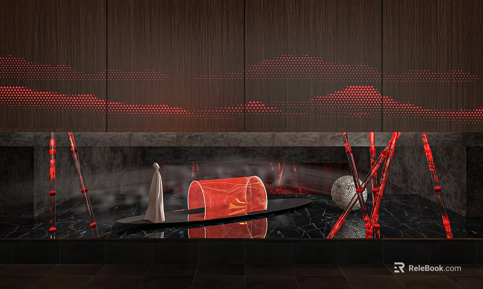 Art Installation Showcasing Red Structures Water Reflection And Sculptural Figure With Mesh Mountain Background 3d model 