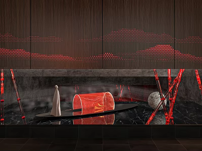 Art Installation Showcasing Red Structures Water Reflection And Sculptural Figure With Mesh Mountain Background 3d model