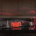 Art Installation Showcasing Red Structures Water Reflection And Sculptural Figure With Mesh Mountain Background