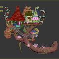 Enchanting Fairy Tale Treehouse Structure With Red Roof Wooden Details Green Plants And Pink Flowers