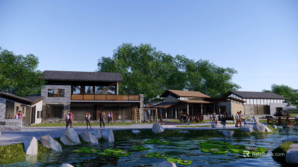 Traditional Boutique Guesthouse Building With Pond Lotus Leaves Stone Decorations And Green Trees 3d model 