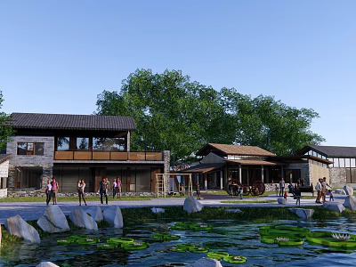 Traditional Boutique Guesthouse Building With Pond Lotus Leaves Stone Decorations And Green Trees 3d model