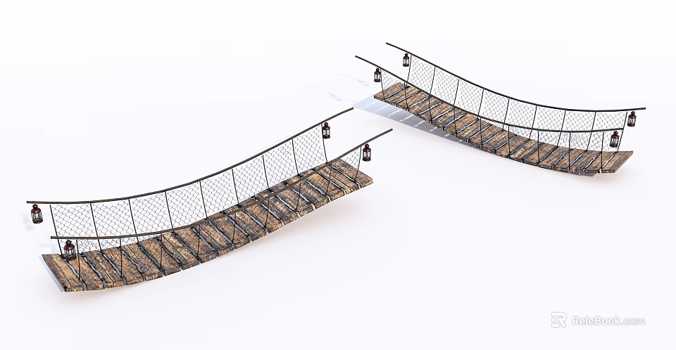 Landscape Bridge Design With Curved Wooden Deck And Black Metal Railings 3d model 
