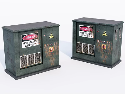 Industrial Electrical Control Panels With Green Metal Enclosures Danger Signs And Ventilation Grilles 3d model