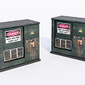 Industrial Electrical Control Panels With Green Metal Enclosures Danger Signs And Ventilation Grilles
