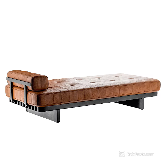 Brown Leather Button Tufted Ottoman With Dark Wood Frame And Modern Design 3d model 