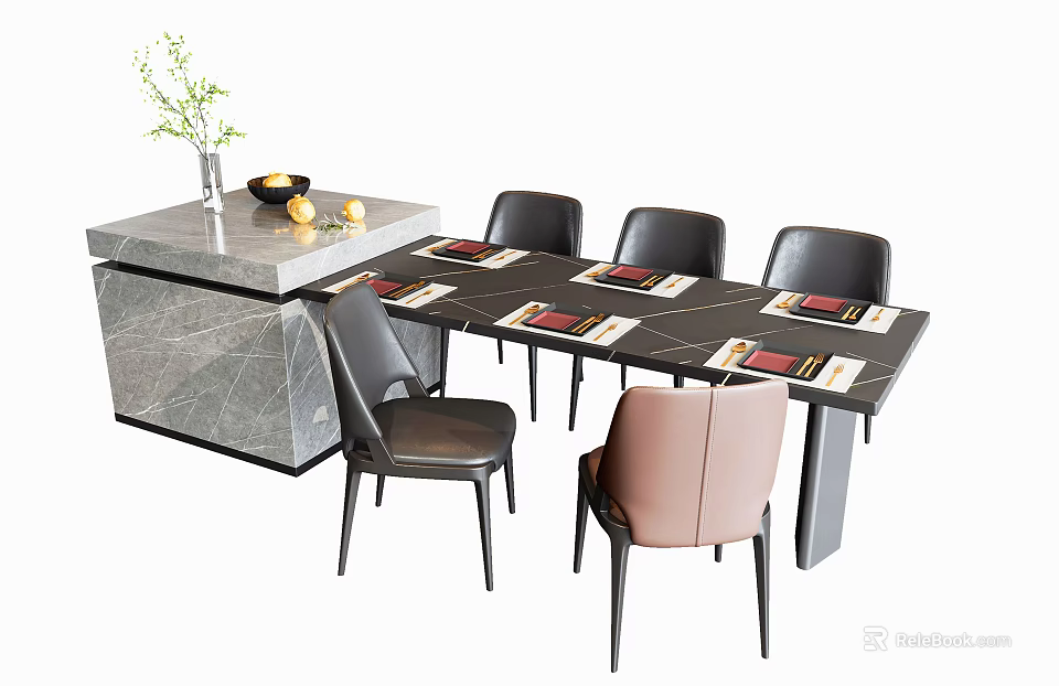 Modern Dining Table Set with Chairs Marble Countertop Vase and Fruits 3d model 