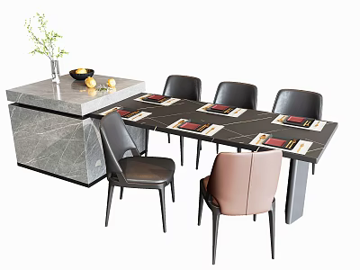 Modern Dining Table Set with Chairs Marble Countertop Vase and Fruits 3d model