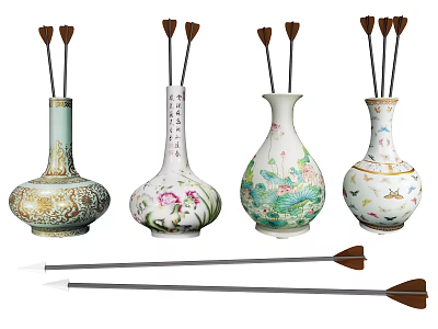 Traditional Chinese Ceramic Vessels With Intricate Floral Patterns And Incense Sticks 3d model