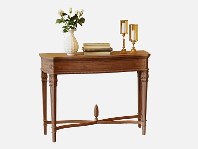 Classic Wooden Side Table with White Vase Flowers Stack of Books and Gold Candle Holders 3d model