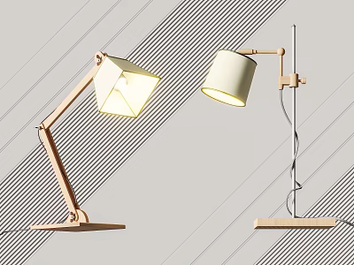 Two Modern Adjustable Table Lamps With Wooden Base And White Illuminated Shades 3d model