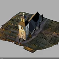 Detailed Traditional Church Building With Steeple Cross And Surrounding Graveyard Layout