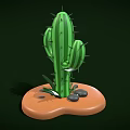 Cartoon Style Green Cactus With Thorns On Brown Base Surrounded By Small Stones And Leaves