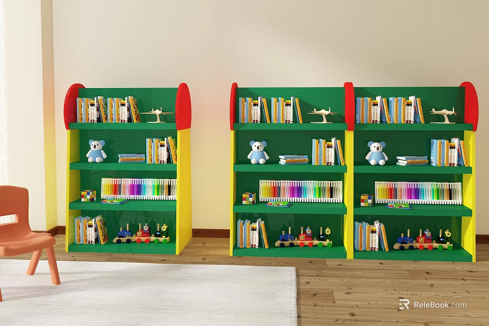 Kids Room Green Red Bookshelf With Colorful Books Teddy Bear And Toy Cars 3d model 