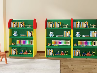 Kids Room Green Red Bookshelf With Colorful Books Teddy Bear And Toy Cars 3d model