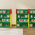 Kids Room Green Red Bookshelf With Colorful Books Teddy Bear And Toy Cars