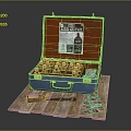 Vintage Open Suitcase Displaying Whisky Bottles And Money On Wooden Board