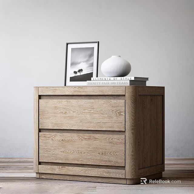 Wooden Console Cabinet with Drawers Featuring Framed Photo Books and White Vase on Top 3d model 