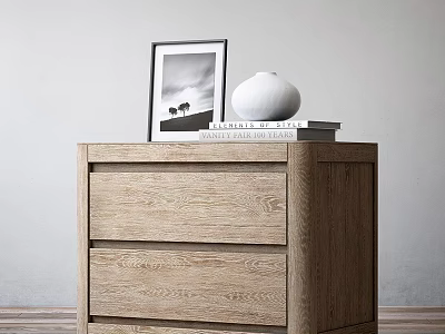 Wooden Console Cabinet with Drawers Featuring Framed Photo Books and White Vase on Top 3d model
