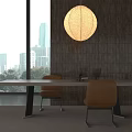 Modern Dining Table And Orange Leather Chairs With City View Through Window 3d model